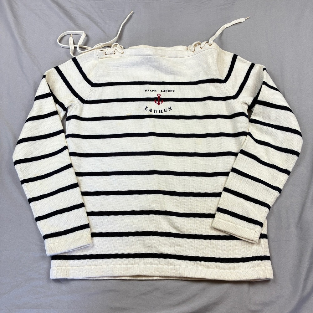 Lauren Ralph Lauren Womens Anchor Sweater Boat Neck M Cream Navy Strip Lace Up